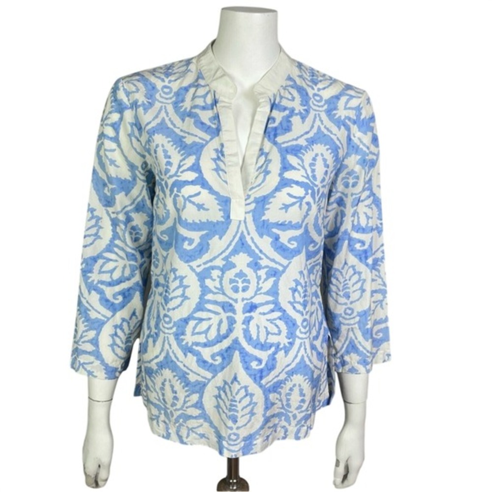 J. McLaughlin top blouse size 4‎ pullover blue white collar tapestry coastal